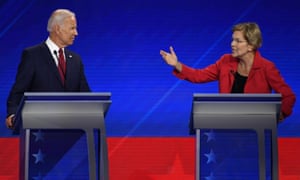 Elizabeth Warren makes a point to Joe Biden during the debate at Texas Southern University in Houston.