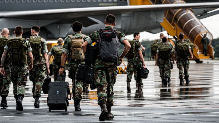 Dutch soldiers arrive at the Eindhoven Air Base to board a plane to the Caribbean to provide emergency relief to those affected by Hurricane Dorian in the Bahamas, on September 7, 2019, in Eindhoven