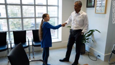 Barack Obama meets with Swedish environmental activist Greta Thunberg in Washington, DC on September 16.