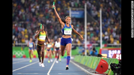 USA&#39;s Allyson Felix celebrates as she crosses the finish line to win the Women&#39;s 4x400m Relay Final in Rio. 