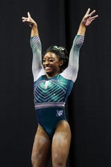 Simone Biles has her own line with gymnastics apparel company GK and often wears leotards with her signature on the hip.