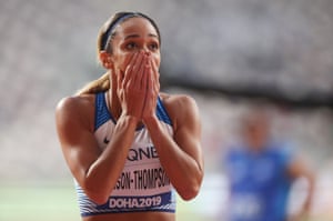 Katarina Johnson-Thompson reacts after winning her race.
