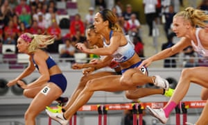 Katarina Johnson-Thompson in action during the women’s heptathlon 100m hurdles.