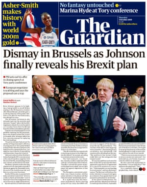 Guardian front page, Thursday 3 October 2019