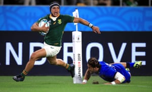 South Africa’s Cheslin Kolbe runs in to score their third try.
