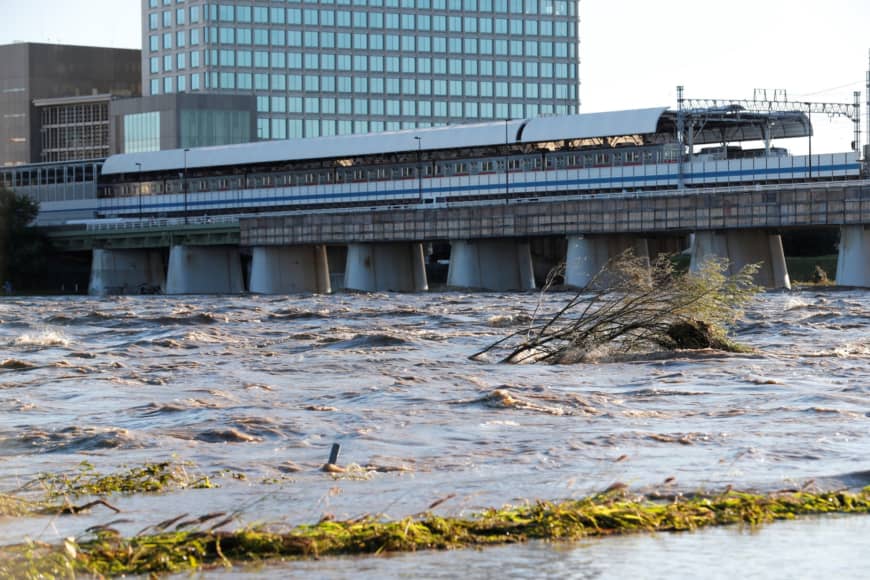 A view of Tama river, which reached flood risk levels Saturday night during the onslaught of Typhoon Hagibis.