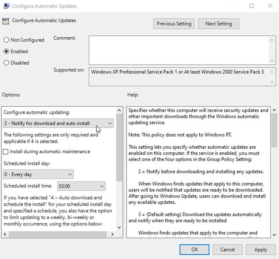 The Configure Automatic Update window