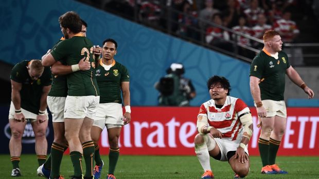 Japan’s prop Keita Inagaki looks dejected at the end of his side’s defeat to South Africa. Photograph: Anne-Christine Poujoulat/Getty/AFP