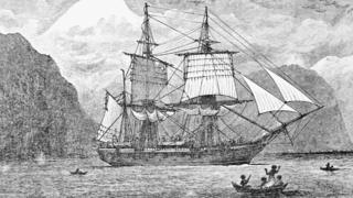HMS Beagle in the Straits of Magellan - Reproduction of frontispiece from Darwin, Charles (1890)