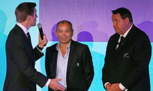 Eddie Jones and Steve Hansen (right) are interviewed at the World Cup draw in Kyoto in 2017.