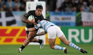 Manu Tuilagi is tackled by Gonzalo Tiesi during his World Cup debut against Argentina in Dunedin in 2011.
