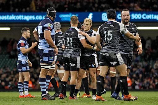 Ospreys players celebrate a Judgement Day triumph over Cardiff Blues