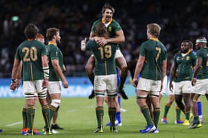 South Africa’s lock Eben Etzebeth celebrates with RG Snyman after beating Italy 49-3.