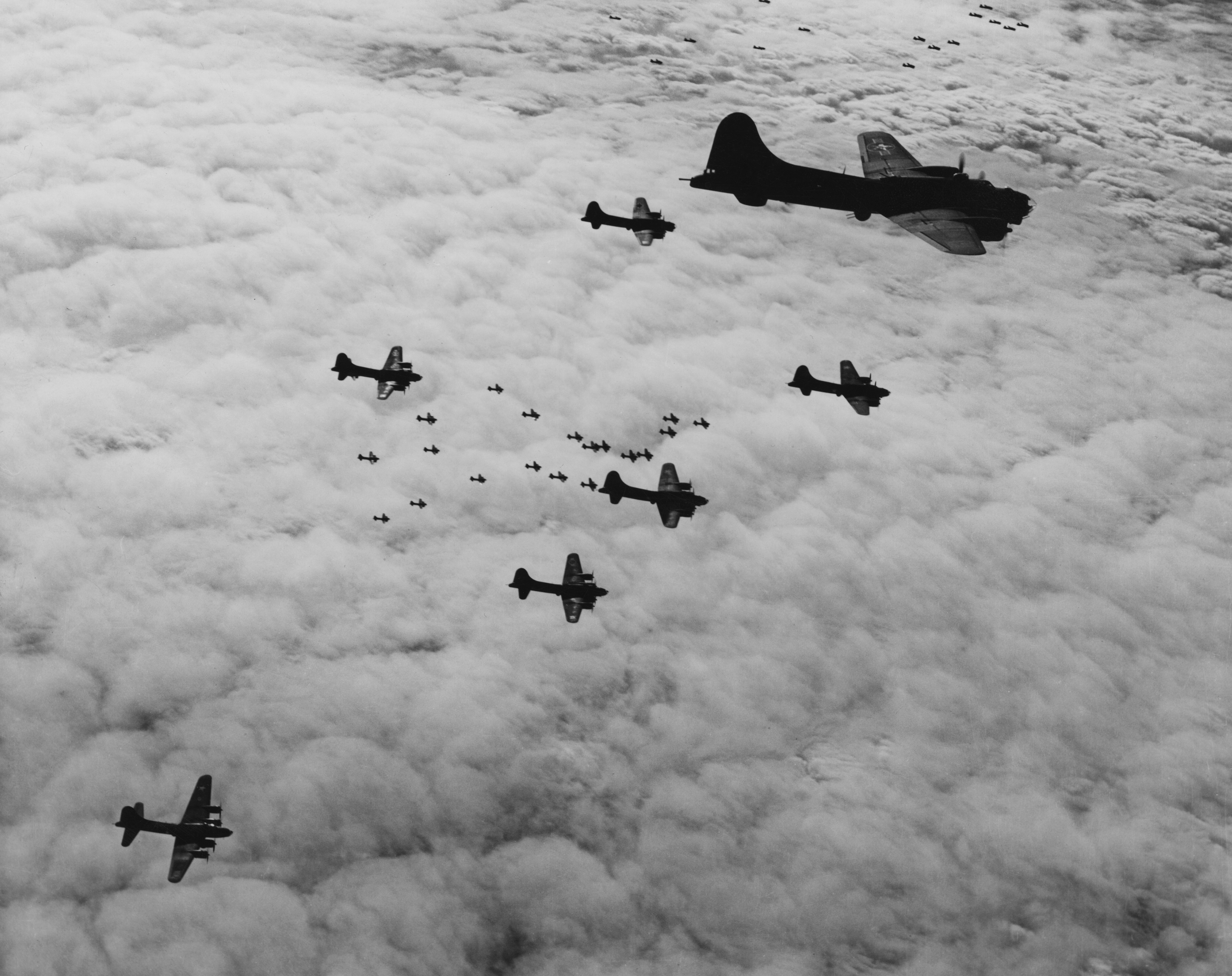 Boeing B-17 bombers flying over Germany in 1943. A plane similar to these crashed in Connecticut this morning. 