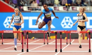Dalilah Muhammad of the USA on her way to victory in her women’s 400m hurdles semi-final.