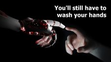Red robot hand making contact with human hand on dark background 3D rendering