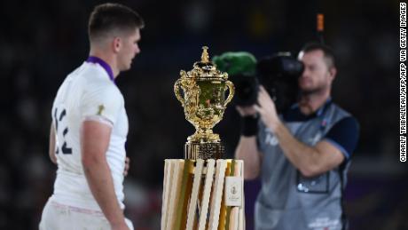England&#39;s centre Owen Farrell walks past the World Cup trophy after losing the 2019 Rugby World Cup final.