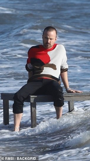 Sitting pretty: Aaron appeared in good spirits as he threw himself into the photoshoot in Malibu