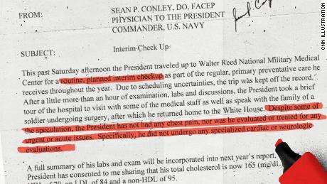 &quot;The President has not had any chest pain, nor was he evaluated or treated for any urgent or acute issues,&quot; according to a memo from Dr. Sean Conley, physician to the President.