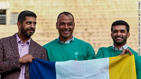 Al-Khater is joined by Brazilian two-time World Cup champion Cafu (middle) and Secretary General of the Supreme Committee for Delivery &amp; Legacy Hassan Al-Thawadi (right).