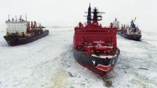 Russian cargo ships and icebreaker on the Northern Sea Route (2001 file pic)