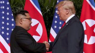 Kim Jong-un and Donald Trump shaking hands