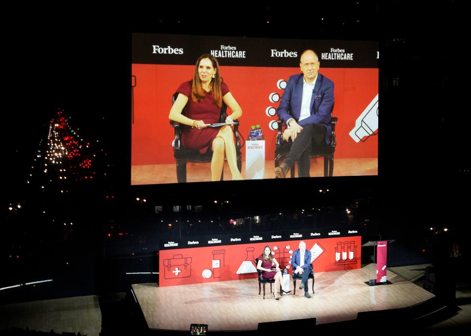 Moira Forbes onstage with Sir Andrew Witty at Forbes Healthcare Summit 2019