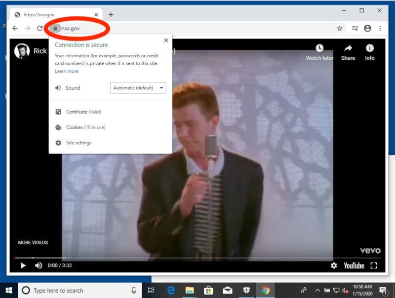 Chrome on Windows 10 as it Rickrolls the NSA.