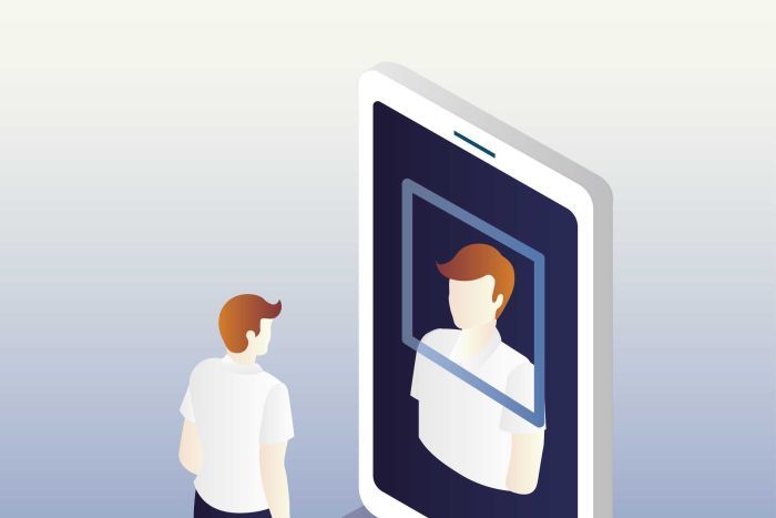 graphic of a man standing in front of a giant phone which recognises his face