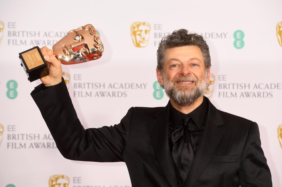 EE British Academy Film Awards 2020 - Winners Room - Andy Serkis holds his award aloft