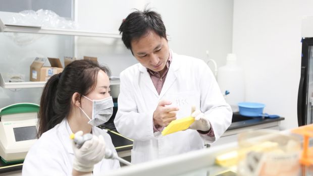 Biological researcher He Jiankui (right) guides a laboratory staff member at the Direct Genomics lab on August 4th, 2016 in Shenzhen, Guangdong Province of China. Photograph: VCG via Getty Images