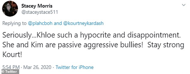 Kourtney-approved: Among the most eyebrow-raising, Kourtney-approved posts was: 'Khloe such a hypocrite and disappointment. She and Kim are passive aggressive bullies! Stay strong Kourt!'