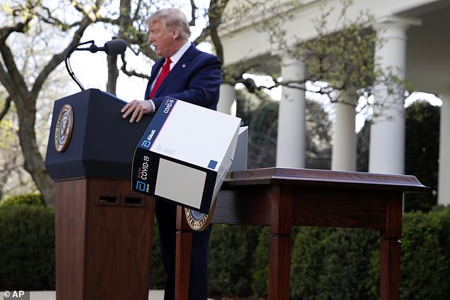The box containing the new COVID-19 test flies off a table in the White House Rose Garden on Monday