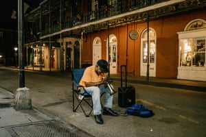 Haji Ahkba played trumpet on the corner of Royal Street and St. Peter St in the French Quarter of New Orleans, La. The corner is popular for musicians to play at and usually draws dozens of spectators. There was no one listening on this night due to the Covid-19 pandemic.