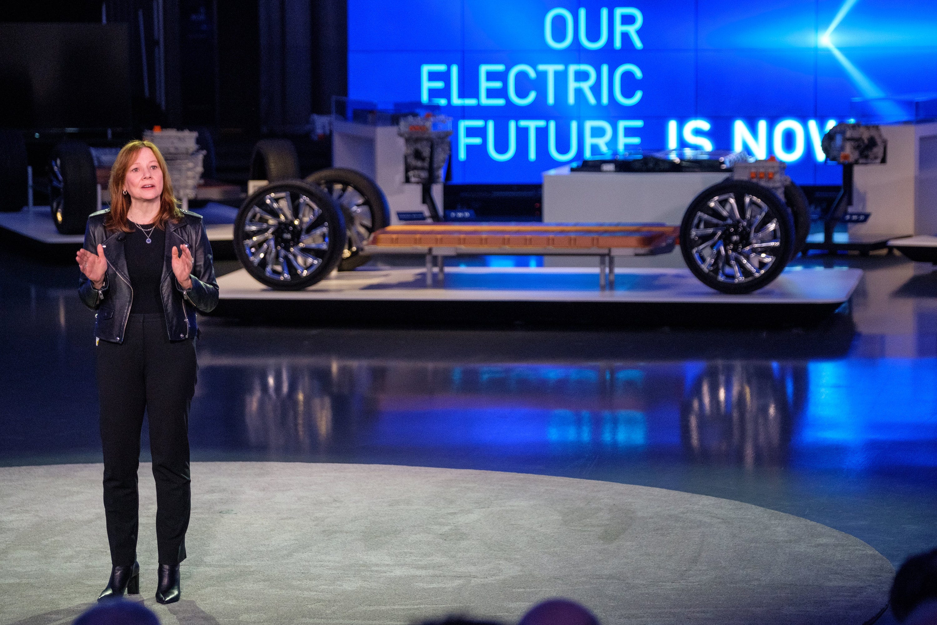 General Motors Chairman and CEO Mary Barra addresses the gathering Wednesday, March 4, 2020 at an event detailing GM’s electric vehicle technologies and upcoming products in the Design Dome on the GM Tech Center campus in Warren, Michigan. (Photo by Steve Fecht for General Motors)