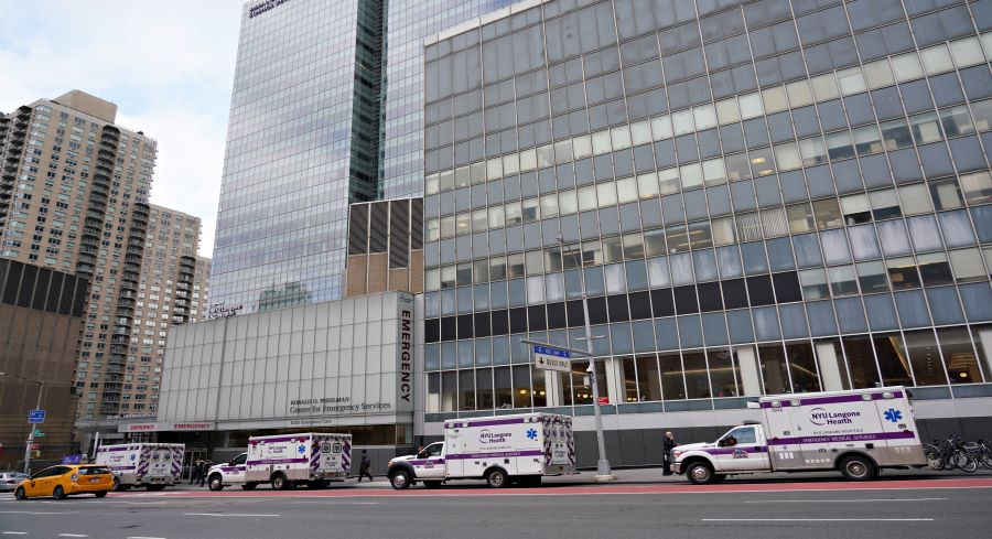 Ambulances are parked in front of the NYU Langone Health emergency as coronavirus continues to spread across the United States on March 16, 2020 in New York City. 