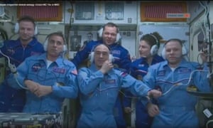 Christopher Cassidy, Anatoly Ivanishin and Ivan Vagner with Andrew Morgan, Oleg Skripochka and Jessica Meir aboard the International Space Station