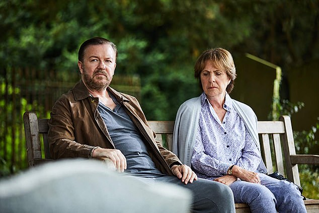 Gervais (left) in popular Netflix series After Life about local journalist Tony processing grief