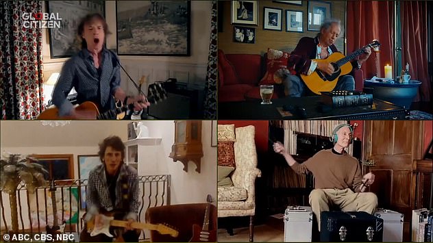 Skills: Mick Jagger, 76, and Keith Richards, 76, played acoustic guitars, while Ronnie Wood, 72, was seen on an electric guitar