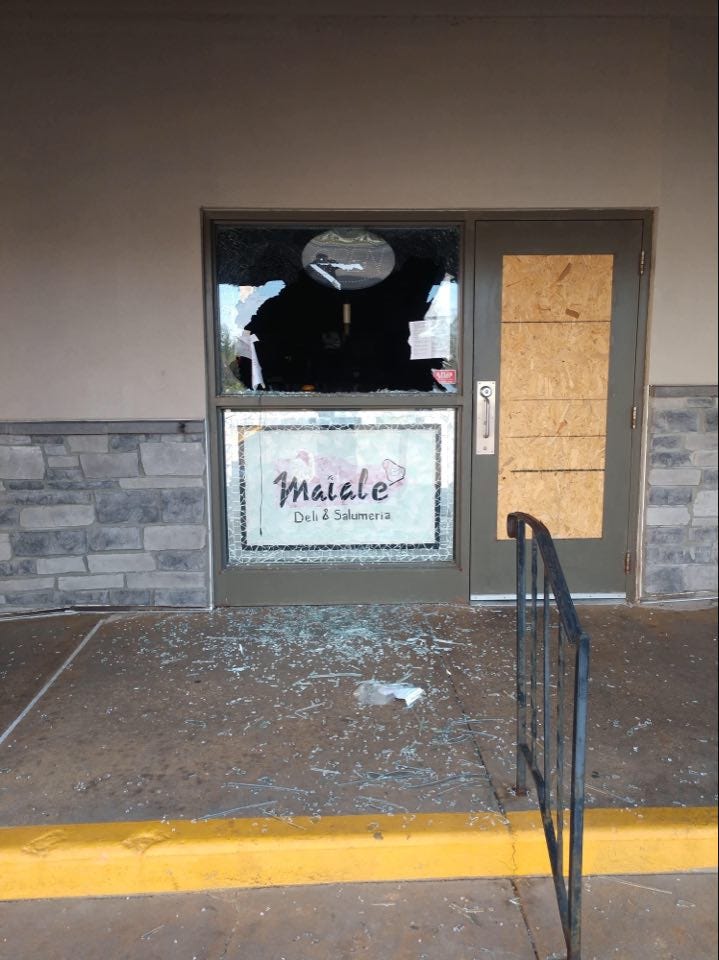 The window of Maiale Deli on Lancaster Pike in Wilmington was smashed either late Friday night or early Saturday morning. It's the shop's third break-in in the past 5 weeks.