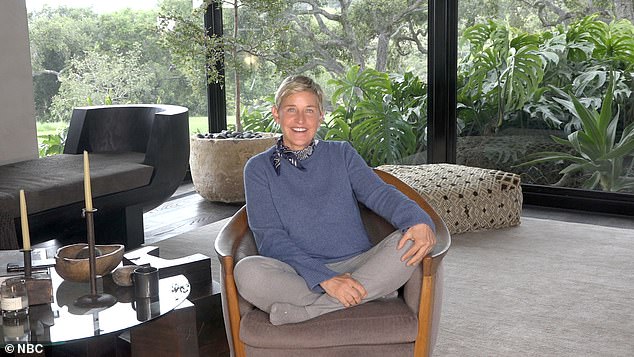 Angry crew: Ellen DeGeneres has been continuing her daily syndicated talk show from the comfort of her own home, amid the coronavirus shutdown, which has angered her 'furious' crew amid poor communication regarding their pay