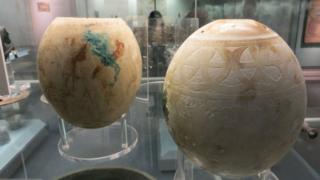 Two ostrich eggs found in the 'Isis tomb', an elite burial at Etruscan Vulci (Italy), dated to c. 625–550 BC
