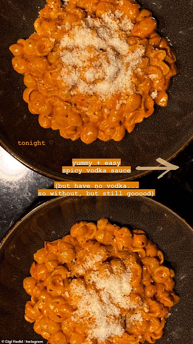 None for her: Gigi appeared to be taking all the proper pregnancy precautions, when she took to Instagram to show off the vodka-free pasta dish she conjured up for dinner