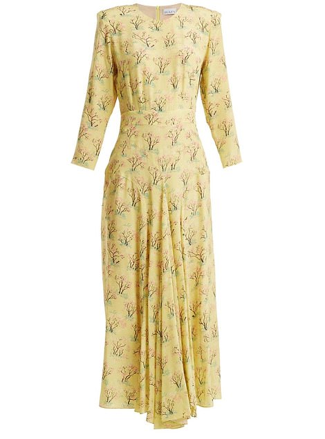 The Duchess donned the silk £495 yellow, silk Raey midi dress from the Notting Hill based brand to launch the project yesterday, and recycled it today