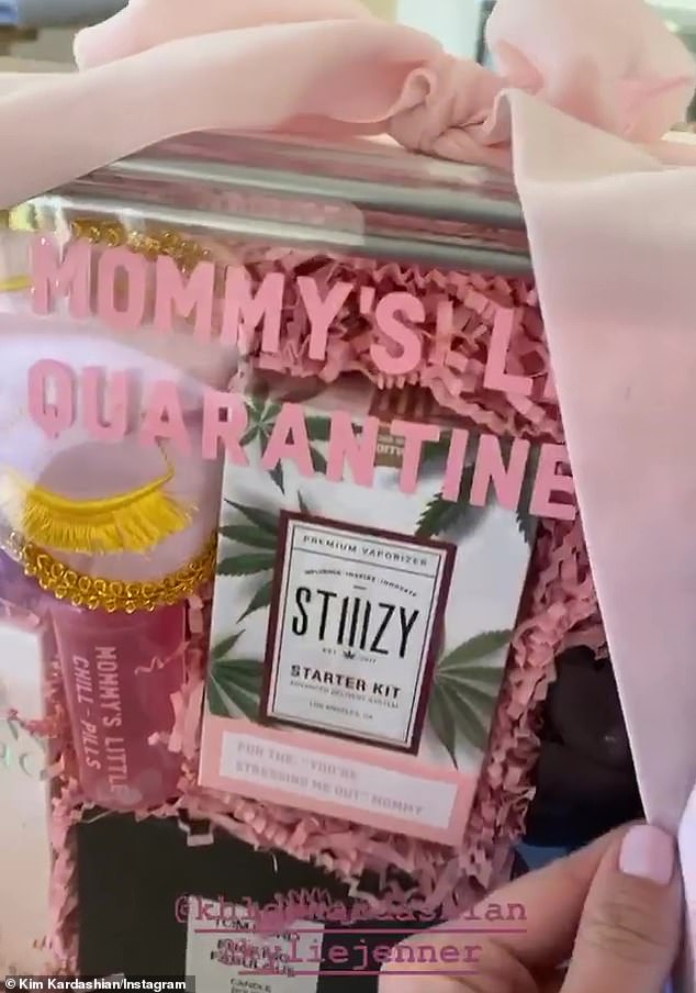 Survival kit: In addition, Khloe¿ gifted Kim a 'Mommy's Little Quarantine Kit' complete with some Tom Ford fragrance, cannabis products and what appeared to be an adult toy