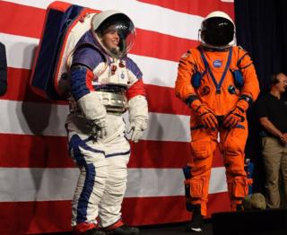 Exploration Extravehicular Mobility Unit (xEMU) on the left and the Orion Crew Survival Suit