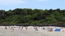 An officer was injured when police tried to break up a crowd of 200 people on Ballyholme Beach in Bangor, Northern Ireland, on Friday night. Pictured, people enjoying the sunshine on Ballyholme Beach earlier in the day on May 29