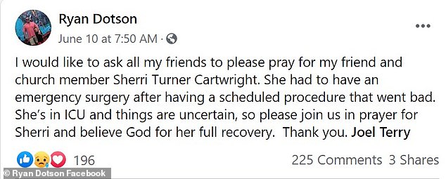 Update: Sherri's pastor, Ryan Dotson, confirmed last week that Sherri had been put in ICU and her condition was uncertain