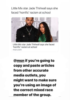 An Instagram Stories post by Jade Thirwall criticising the MSN news service.