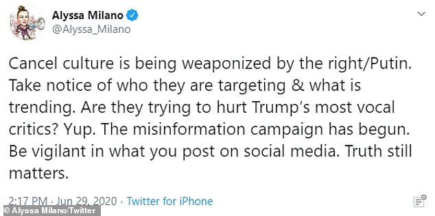 Political: Milano seemed to make a veiled reference to the attack in a Monday tweet, in which she wrote, 'Cancel culture is being weaponized by the right/Putin'